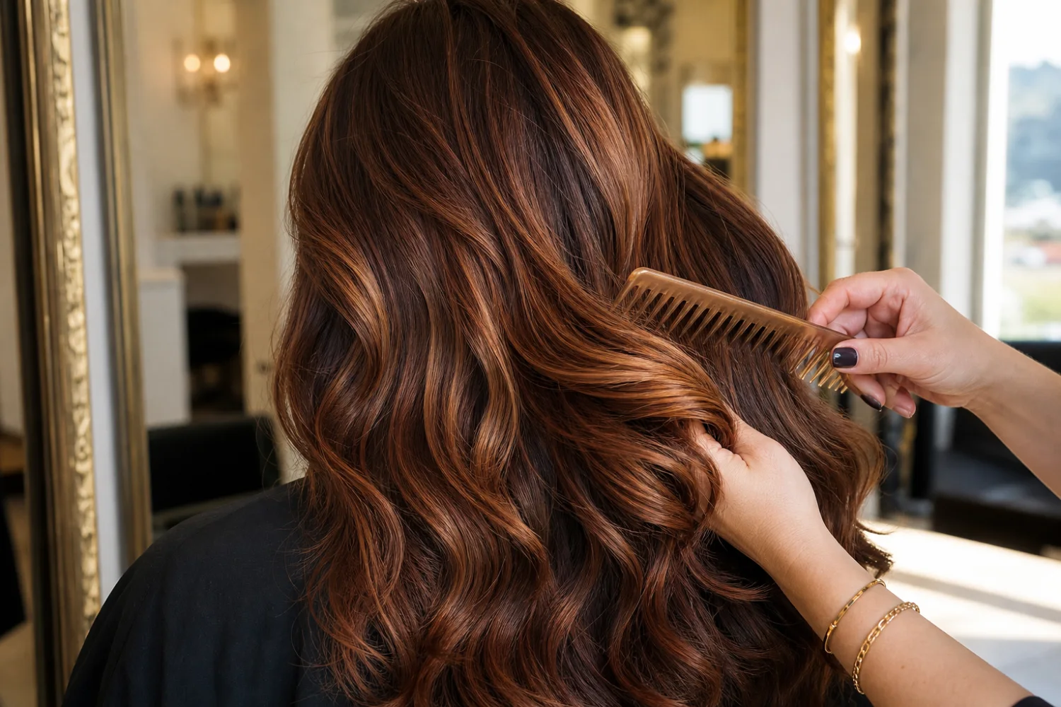 Dimensional copper brunette hair being finished with a comb