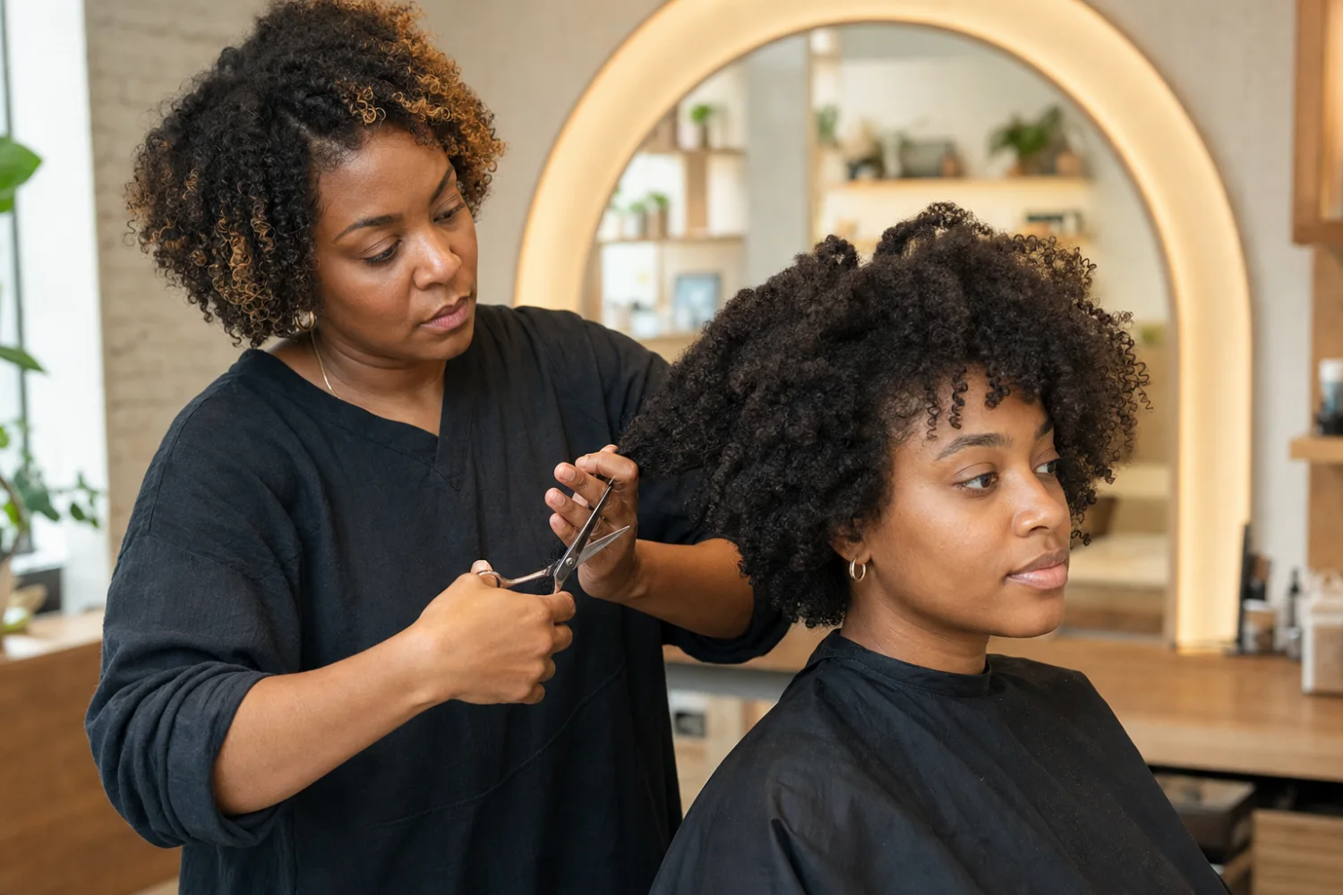 Stylist shaping natural coily hair